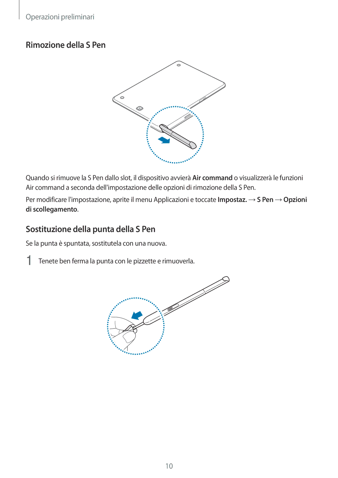 Samsung SM-P550NZKAITV manual Rimozione della S Pen, Sostituzione della punta della S Pen 