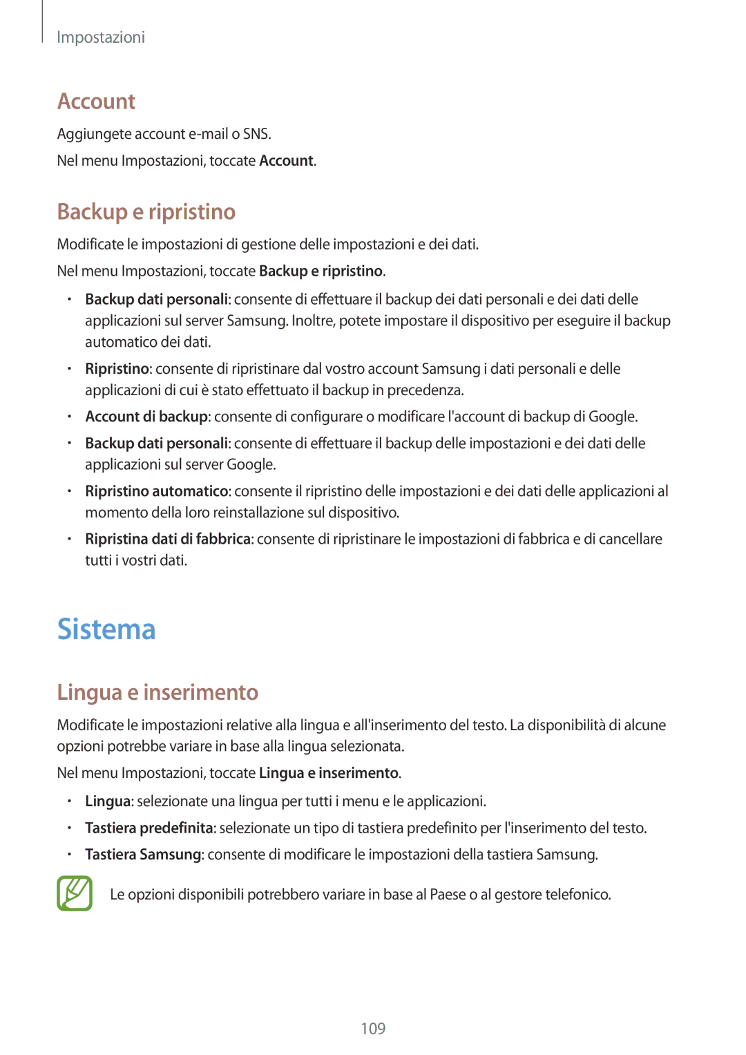 Samsung SM-P550NZKAITV manual Sistema, Account, Backup e ripristino, Lingua e inserimento 