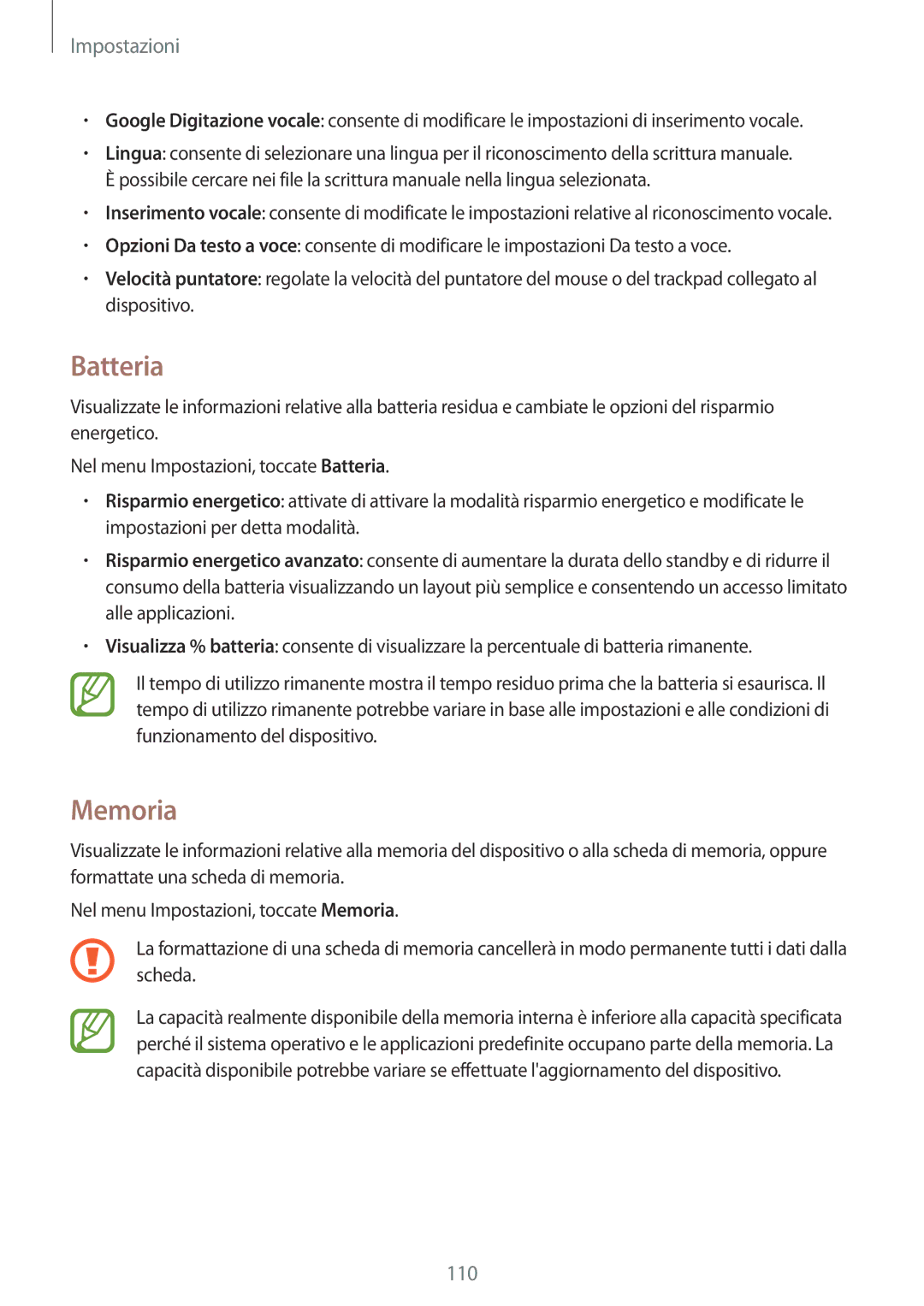 Samsung SM-P550NZKAITV manual Batteria, Memoria 