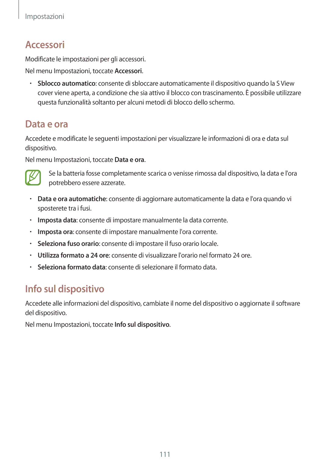 Samsung SM-P550NZKAITV manual Accessori, Data e ora, Info sul dispositivo 