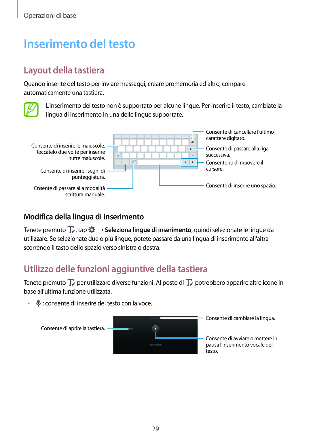 Samsung SM-P550NZKAITV Inserimento del testo, Layout della tastiera, Utilizzo delle funzioni aggiuntive della tastiera 