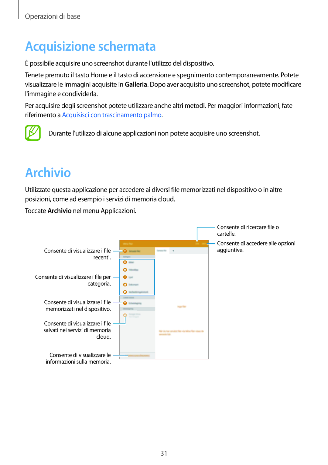 Samsung SM-P550NZKAITV manual Acquisizione schermata, Archivio 