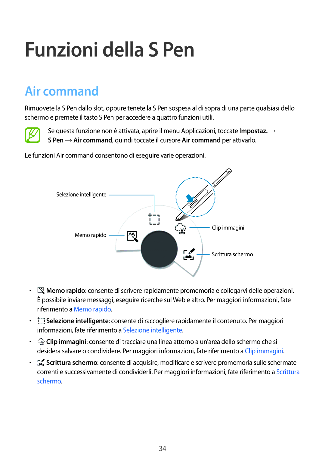 Samsung SM-P550NZKAITV manual Funzioni della S Pen, Air command 