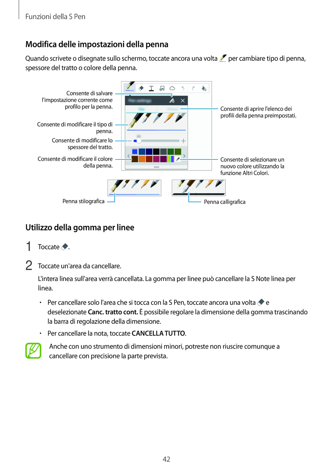 Samsung SM-P550NZKAITV manual Modifica delle impostazioni della penna, Utilizzo della gomma per linee 