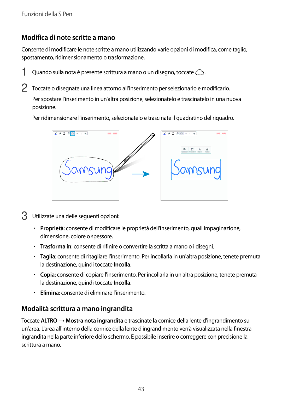 Samsung SM-P550NZKAITV manual Modifica di note scritte a mano, Modalità scrittura a mano ingrandita 