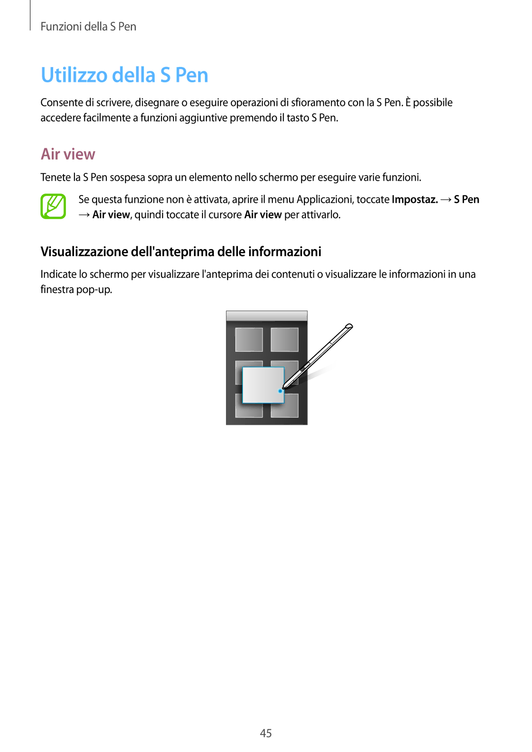 Samsung SM-P550NZKAITV manual Utilizzo della S Pen, Air view, Visualizzazione dellanteprima delle informazioni 