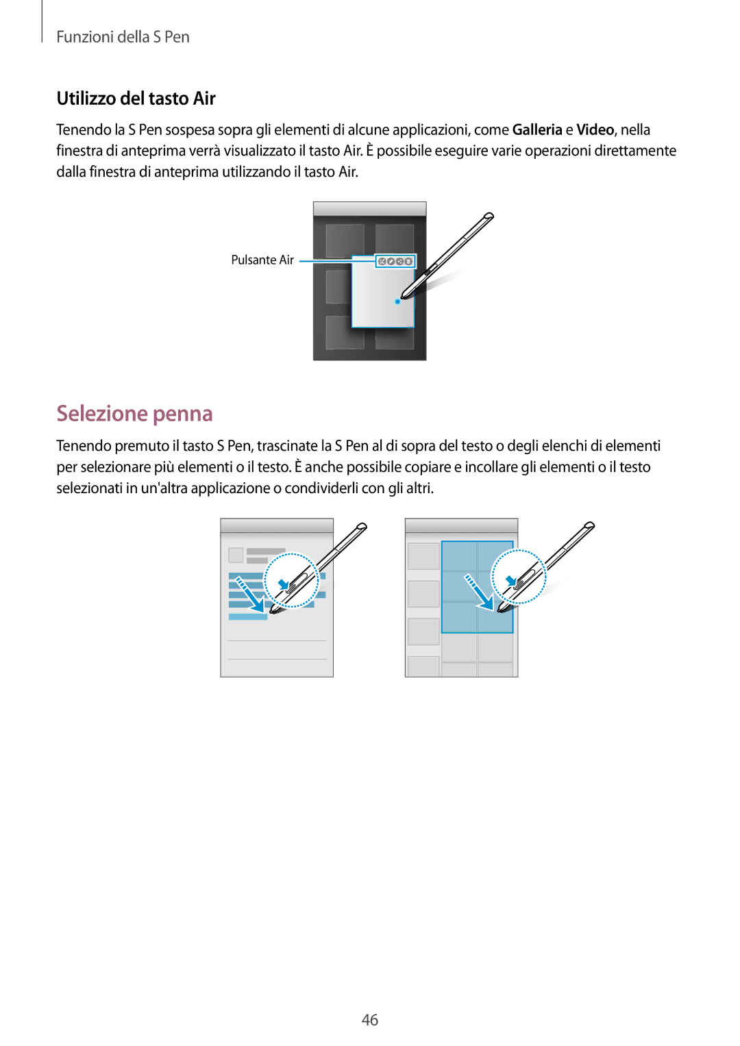 Samsung SM-P550NZKAITV manual Selezione penna, Utilizzo del tasto Air 