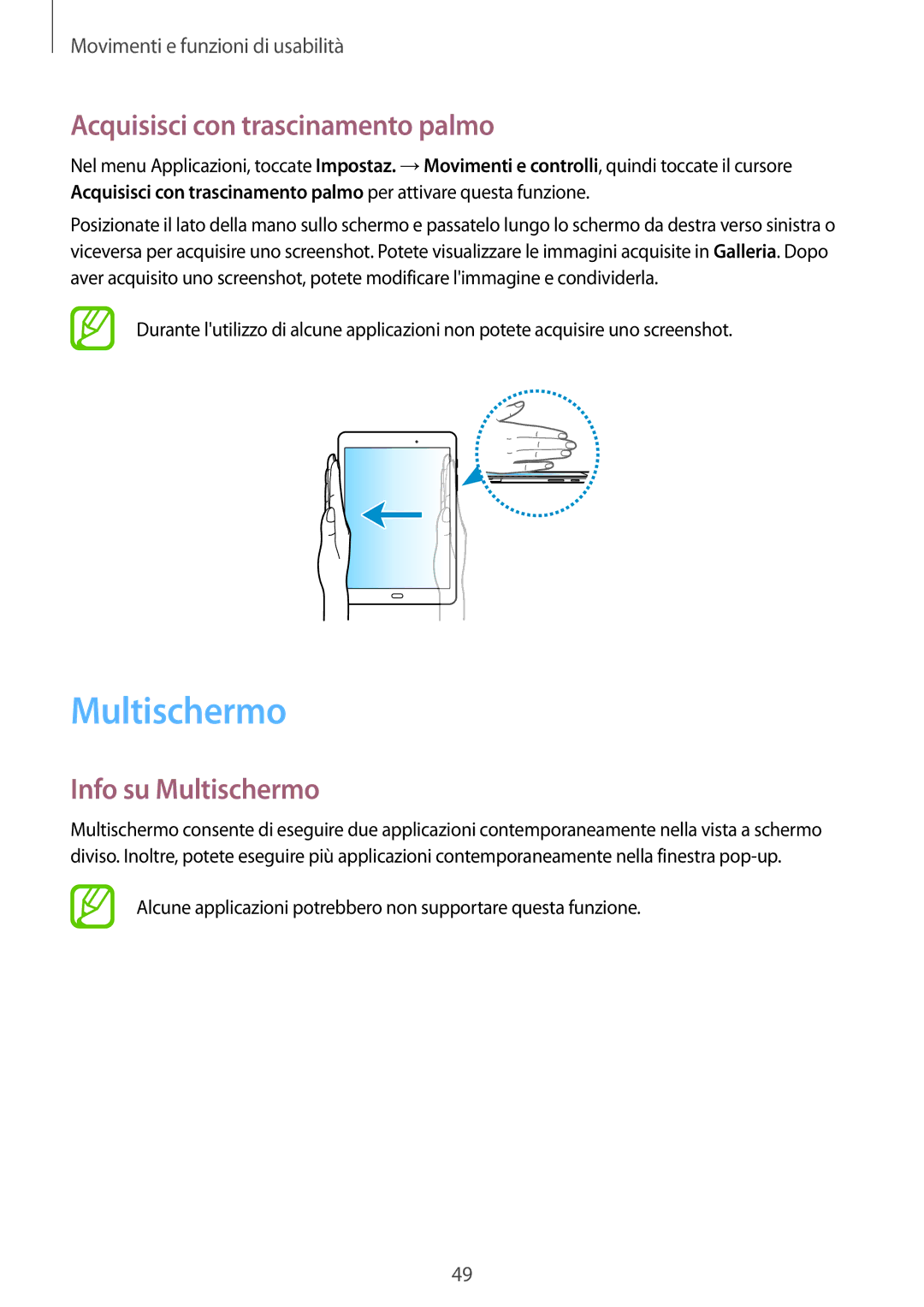 Samsung SM-P550NZKAITV manual Acquisisci con trascinamento palmo, Info su Multischermo 