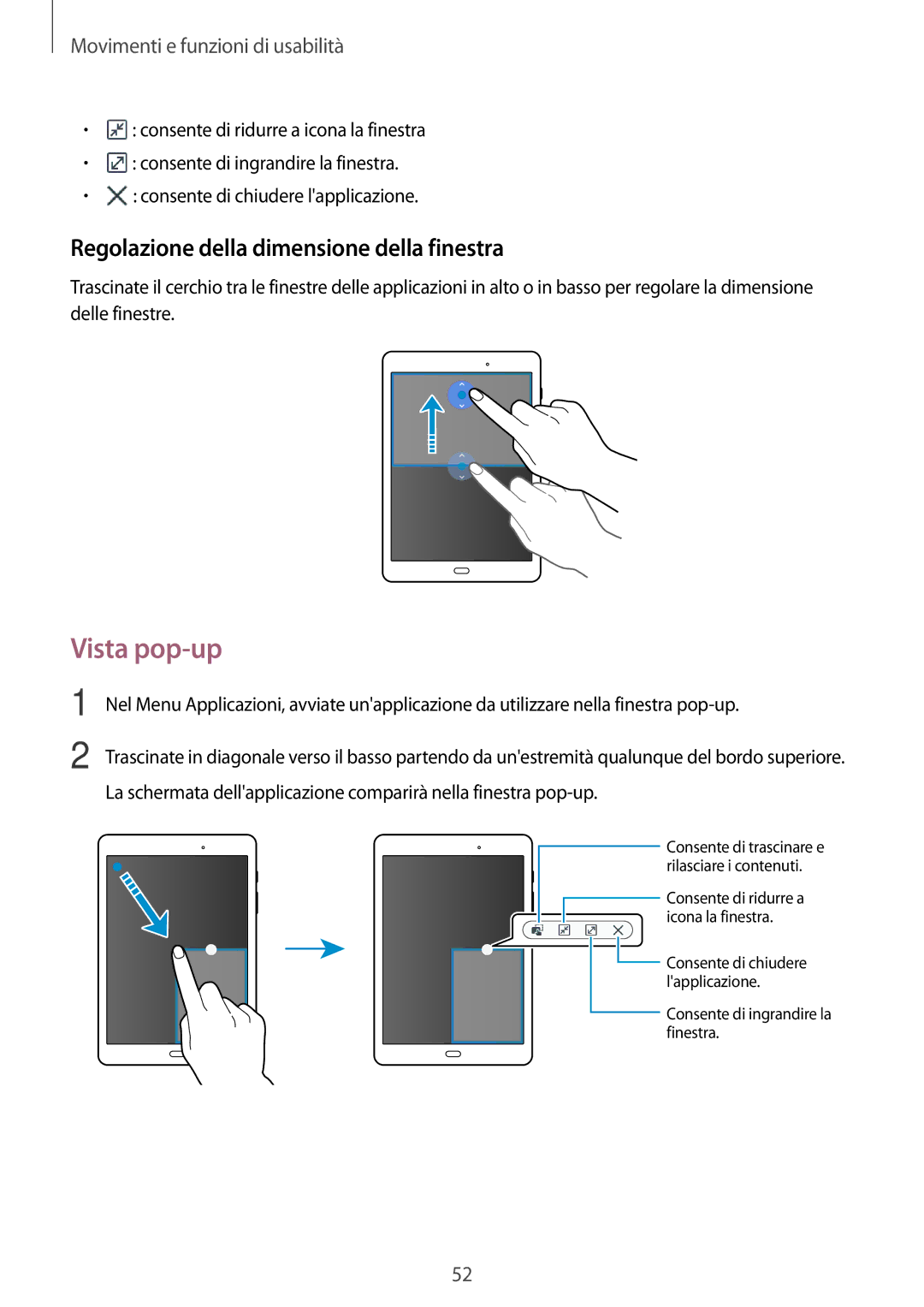 Samsung SM-P550NZKAITV manual Vista pop-up, Regolazione della dimensione della finestra 