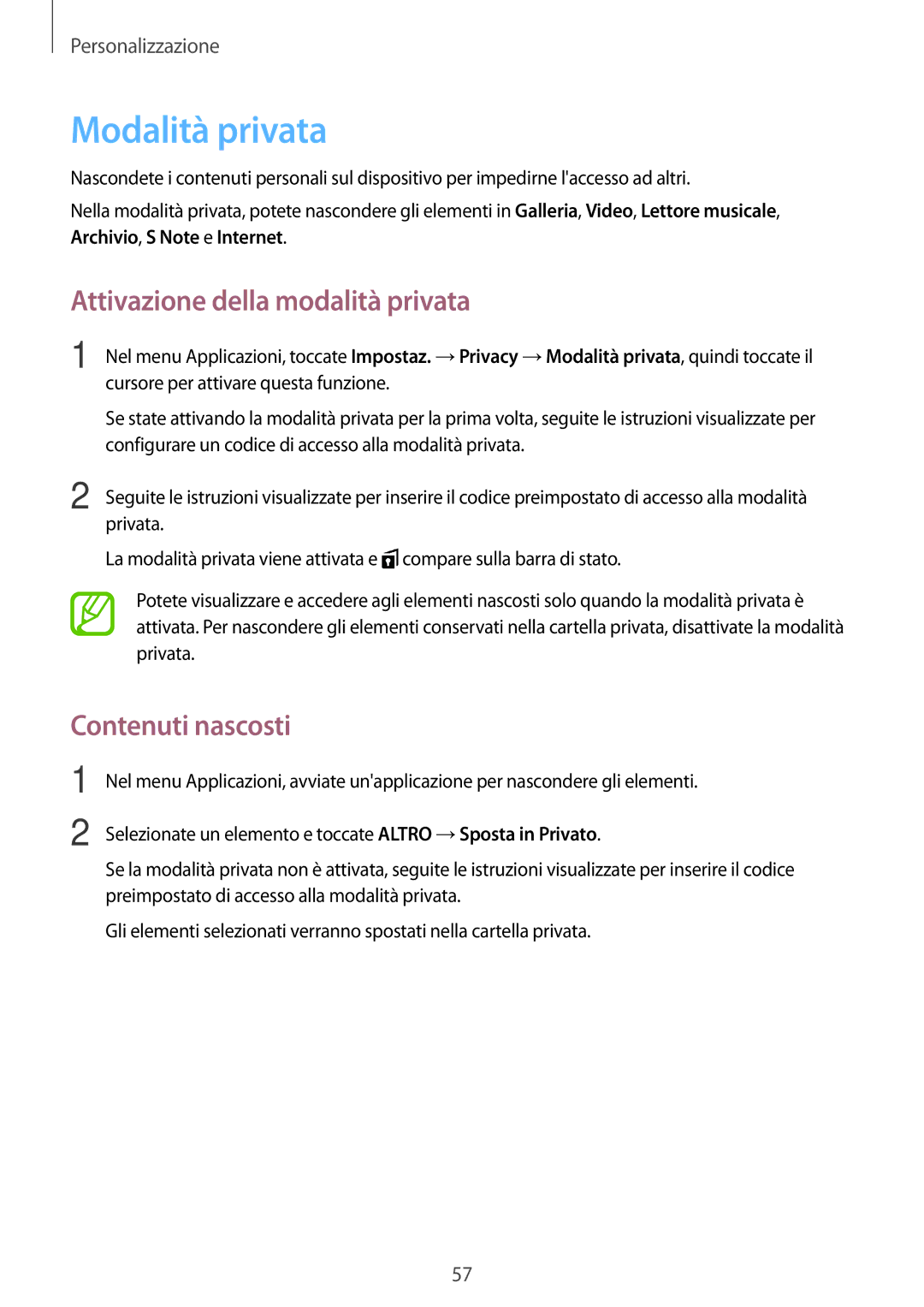 Samsung SM-P550NZKAITV manual Modalità privata, Attivazione della modalità privata, Contenuti nascosti 