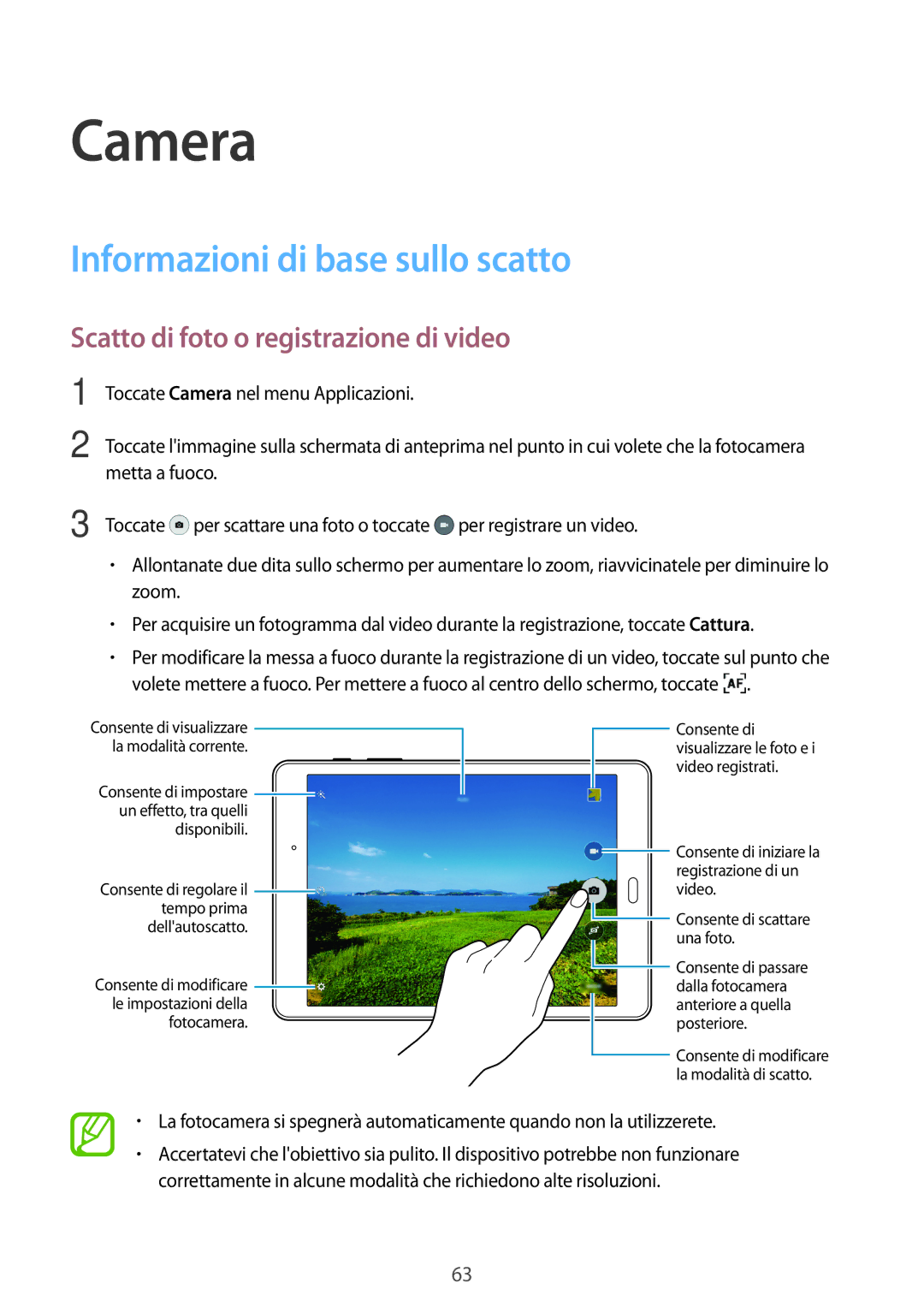 Samsung SM-P550NZKAITV manual Camera, Informazioni di base sullo scatto, Scatto di foto o registrazione di video 