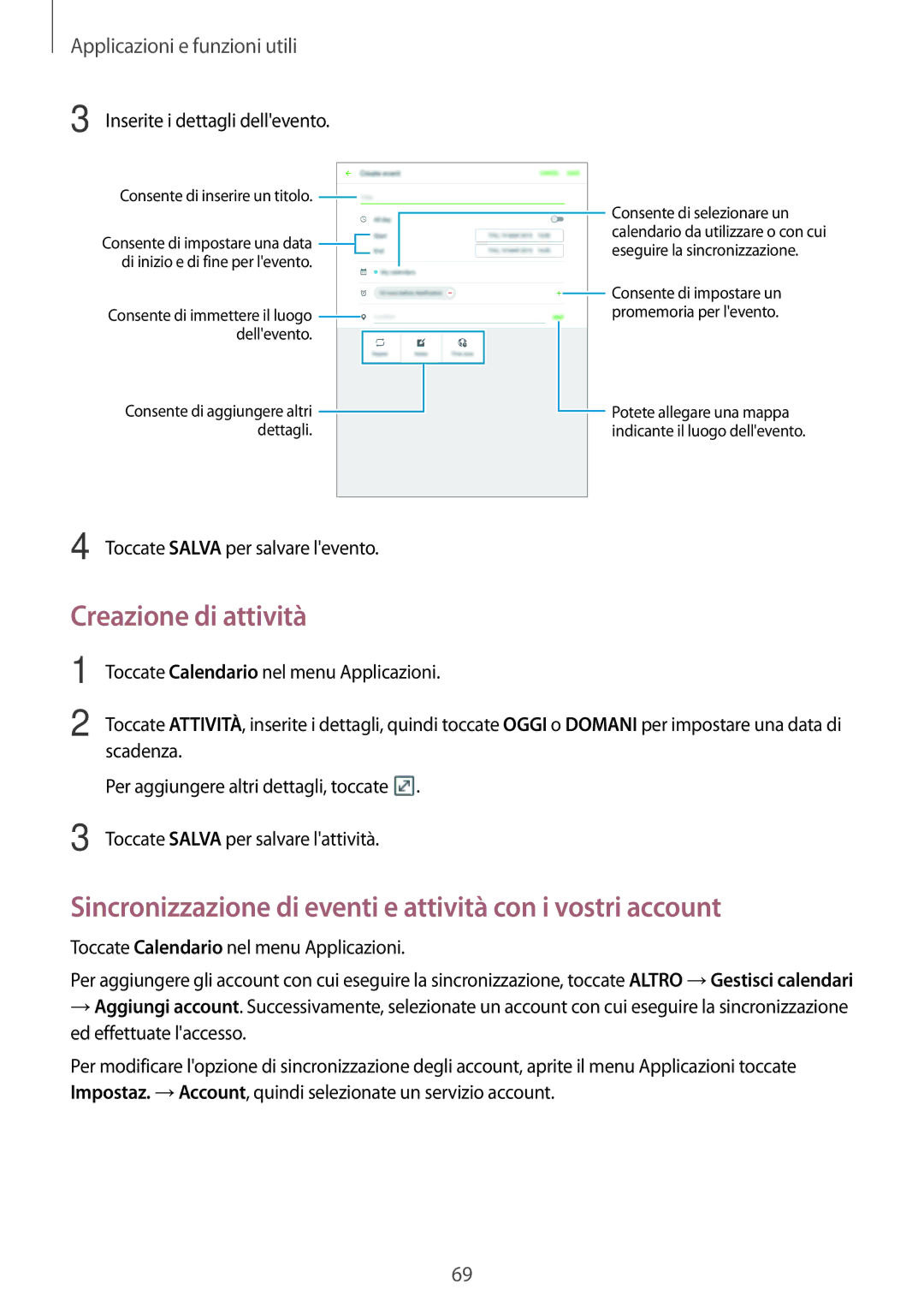 Samsung SM-P550NZKAITV manual Creazione di attività, Sincronizzazione di eventi e attività con i vostri account 