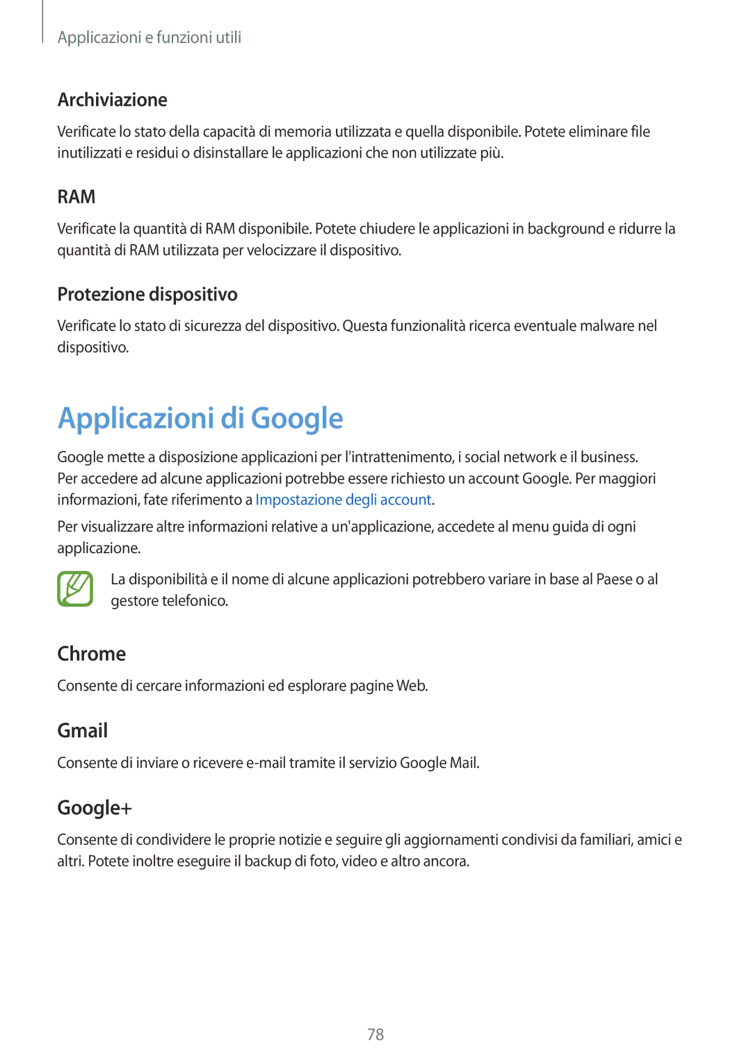 Samsung SM-P550NZKAITV manual Applicazioni di Google, Archiviazione, Protezione dispositivo 