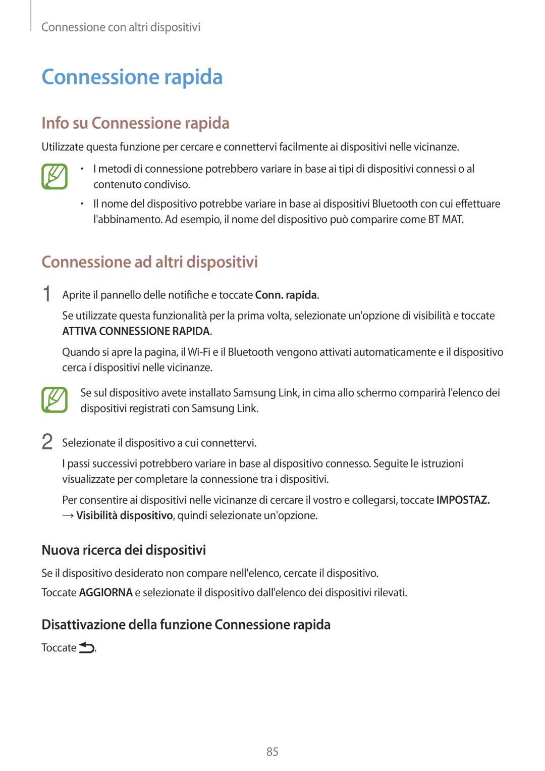 Samsung SM-P550NZKAITV manual Info su Connessione rapida, Nuova ricerca dei dispositivi 