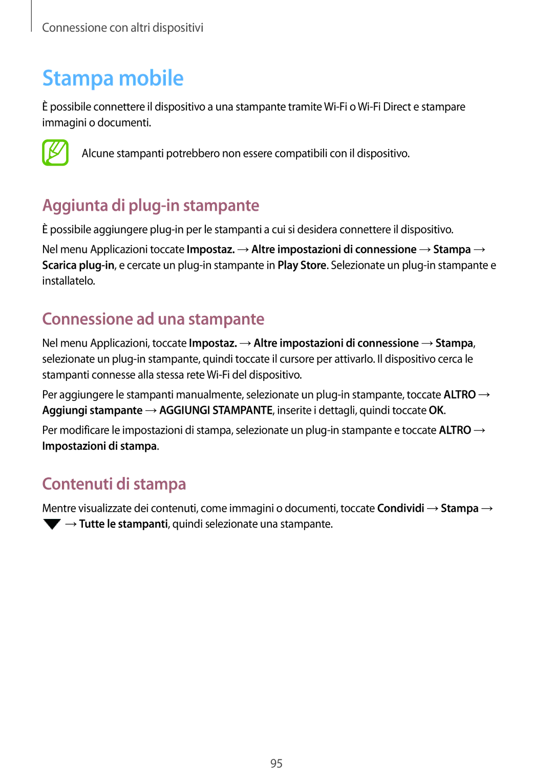 Samsung SM-P550NZKAITV Stampa mobile, Aggiunta di plug-in stampante, Connessione ad una stampante, Contenuti di stampa 