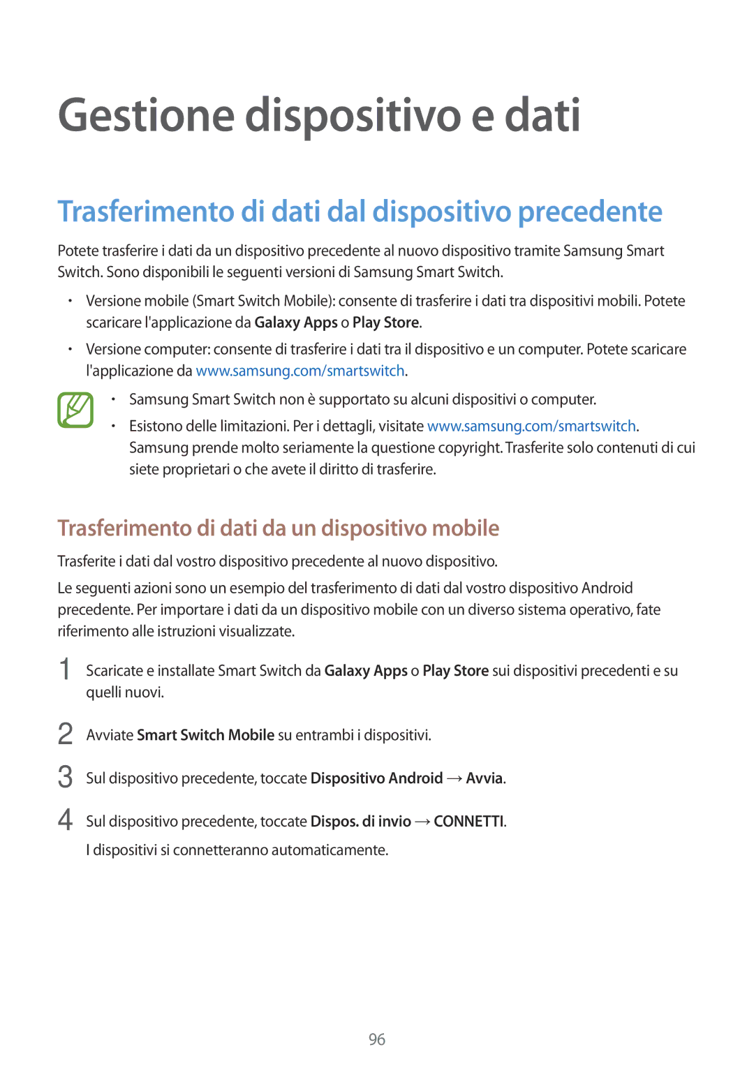 Samsung SM-P550NZKAITV manual Gestione dispositivo e dati, Trasferimento di dati da un dispositivo mobile 