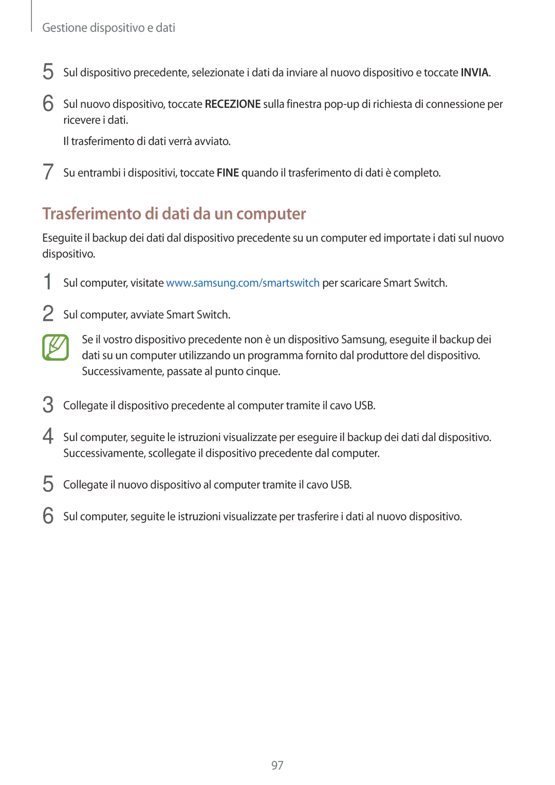 Samsung SM-P550NZKAITV manual Trasferimento di dati da un computer, Gestione dispositivo e dati 