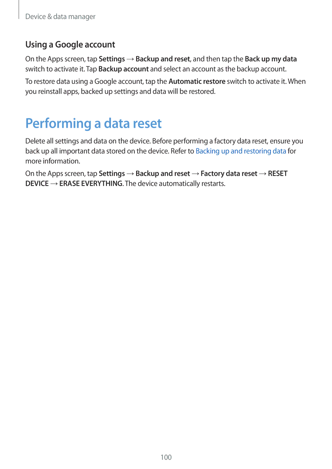 Samsung SM-P550NZKASEE, SM-P550NZKALUX, SM-P550NZWACHN, SM-P550NZWAXNZ manual Performing a data reset, Using a Google account 