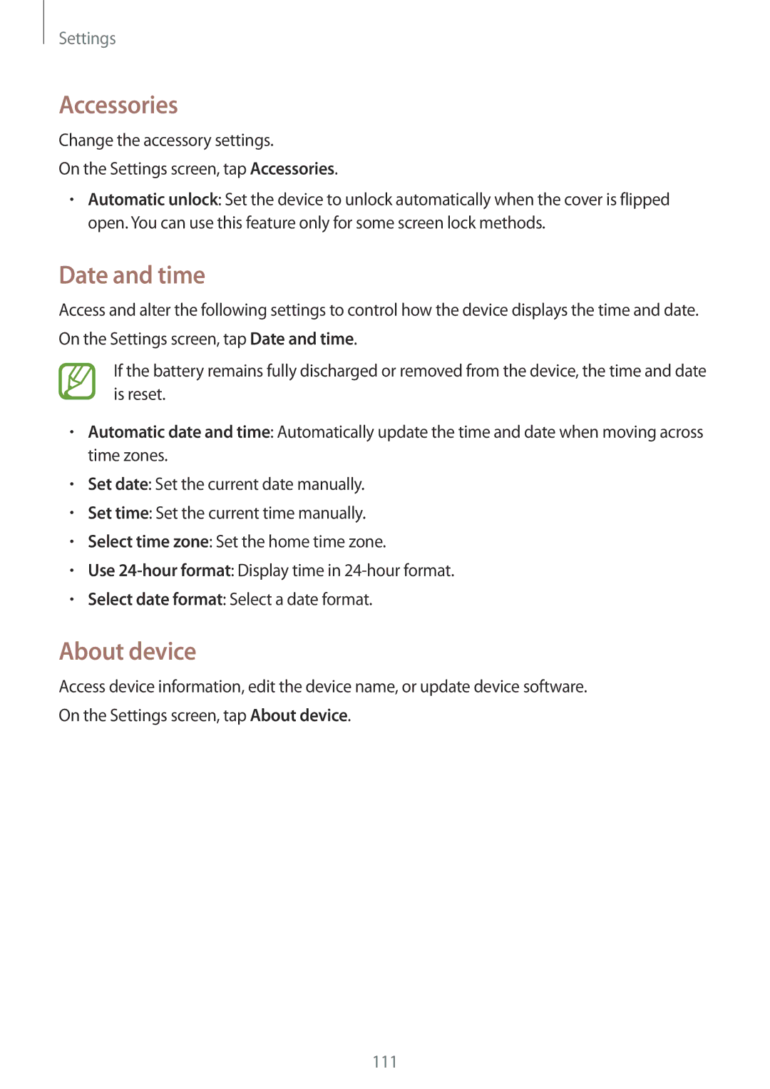 Samsung SM-P550NZAATUR, SM-P550NZKALUX, SM-P550NZWACHN, SM-P550NZWAXNZ manual Accessories, Date and time, About device 