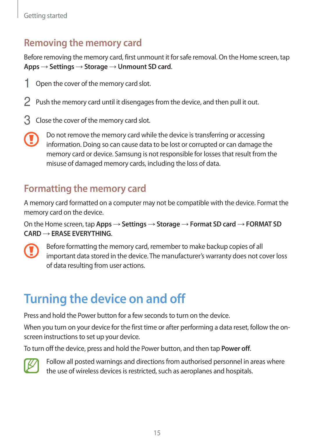 Samsung SM-P550NZAEKOO, SM-P550NZKALUX Turning the device on and off, Removing the memory card, Formatting the memory card 