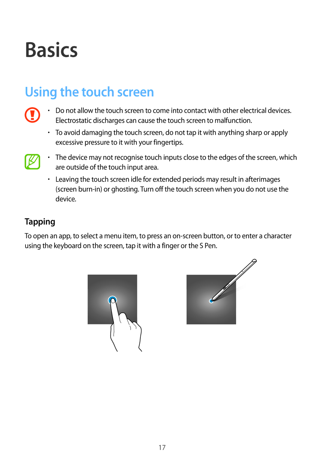 Samsung SM-P550NZKAITV, SM-P550NZKALUX, SM-P550NZWACHN, SM-P550NZWAXNZ manual Basics, Using the touch screen, Tapping 