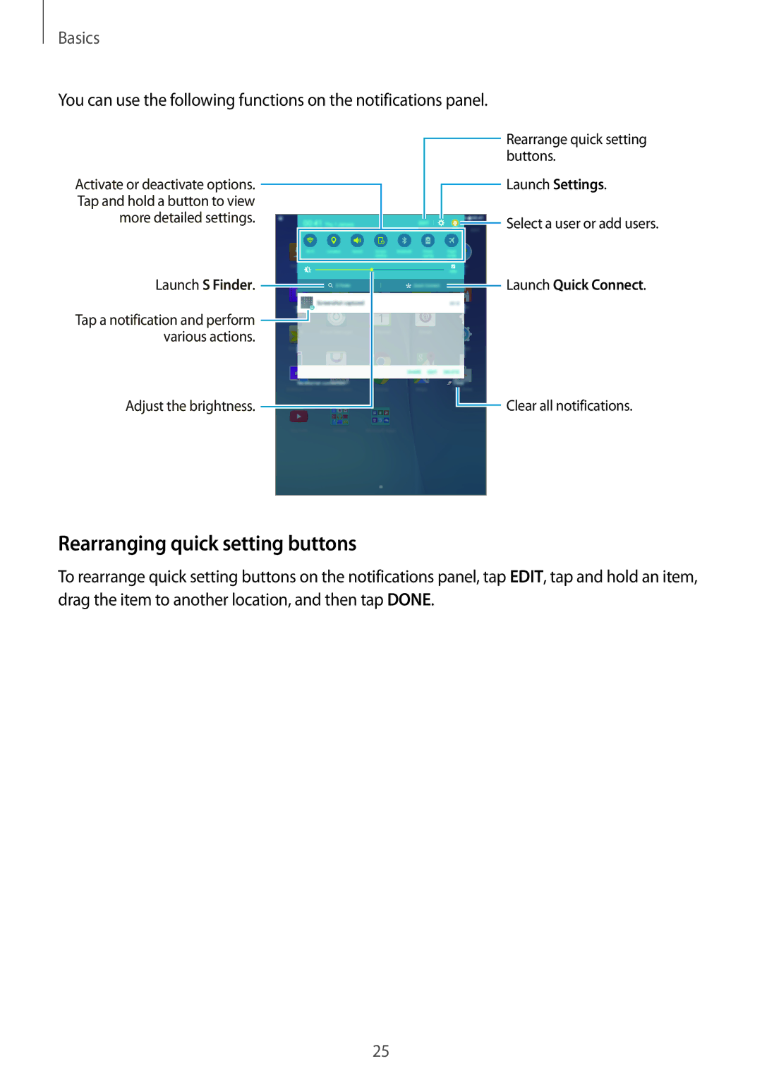 Samsung SM-P550NZAATUR, SM-P550NZKALUX, SM-P550NZWACHN, SM-P550NZWAXNZ, SM-P550NZWATUR manual Rearranging quick setting buttons 