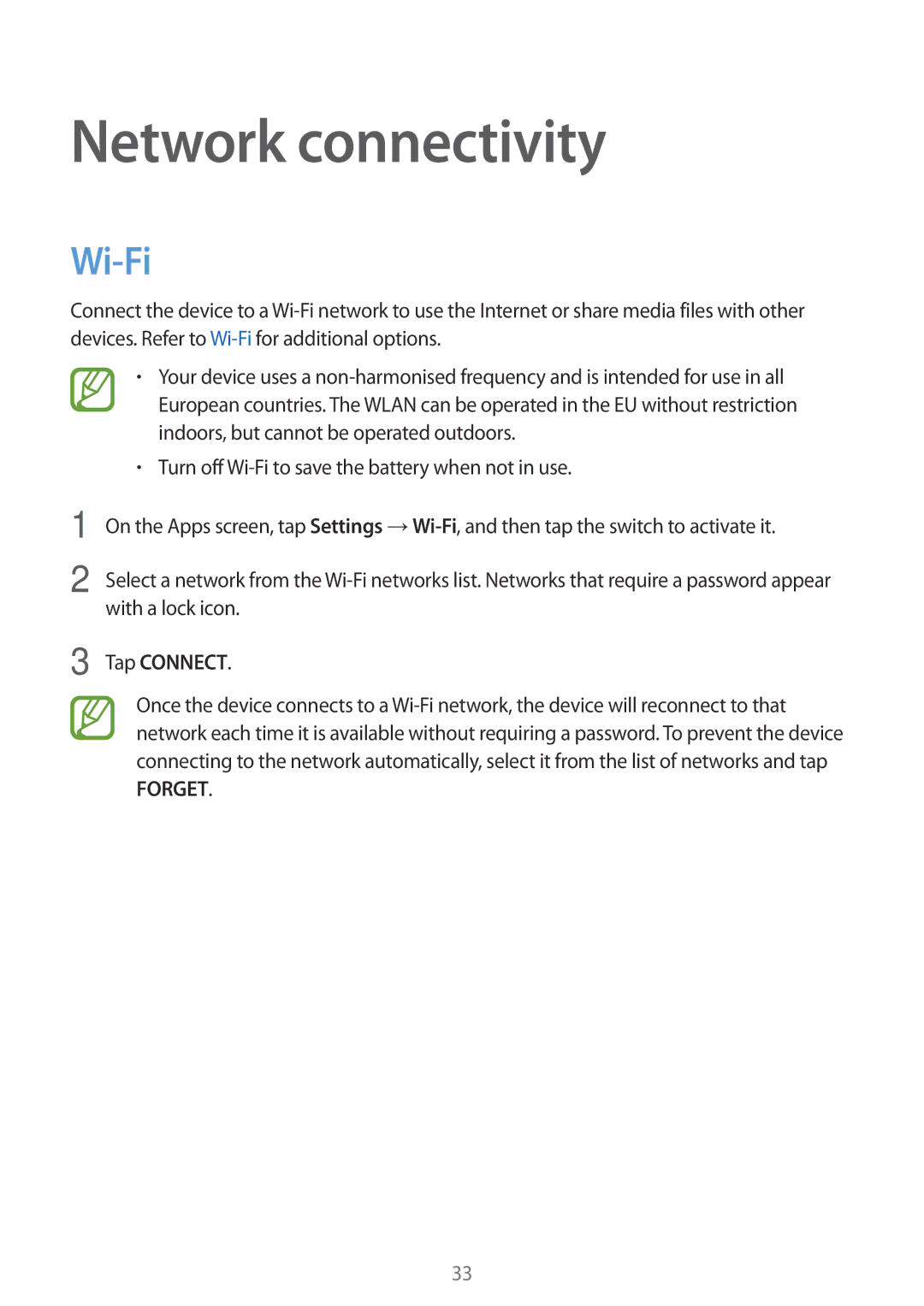 Samsung SM-P550NZAANEE, SM-P550NZKALUX, SM-P550NZWACHN, SM-P550NZWAXNZ manual Network connectivity, Wi-Fi, Tap Connect 