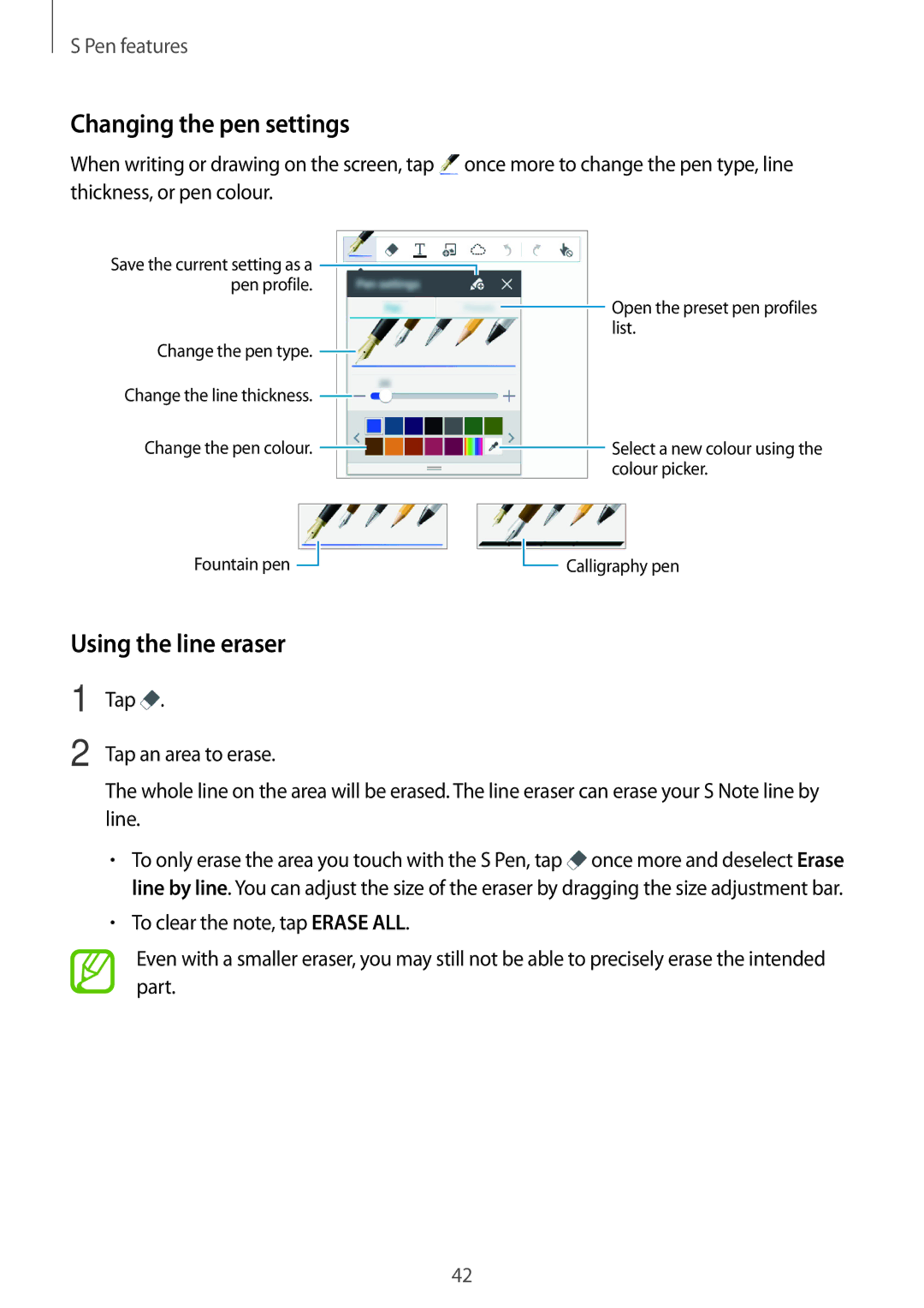 Samsung SM-P550NZWAXSK, SM-P550NZKALUX, SM-P550NZWACHN, SM-P550NZWAXNZ manual Changing the pen settings, Using the line eraser 