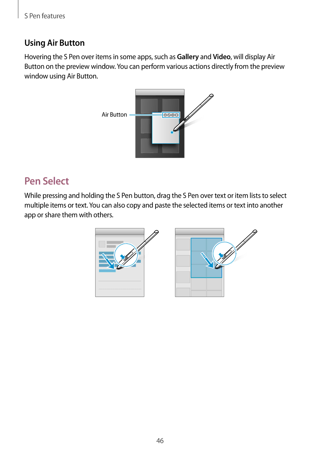 Samsung SM-P550NZWATUR, SM-P550NZKALUX, SM-P550NZWACHN, SM-P550NZWAXNZ, SM-P550NZKAXEZ manual Pen Select, Using Air Button 