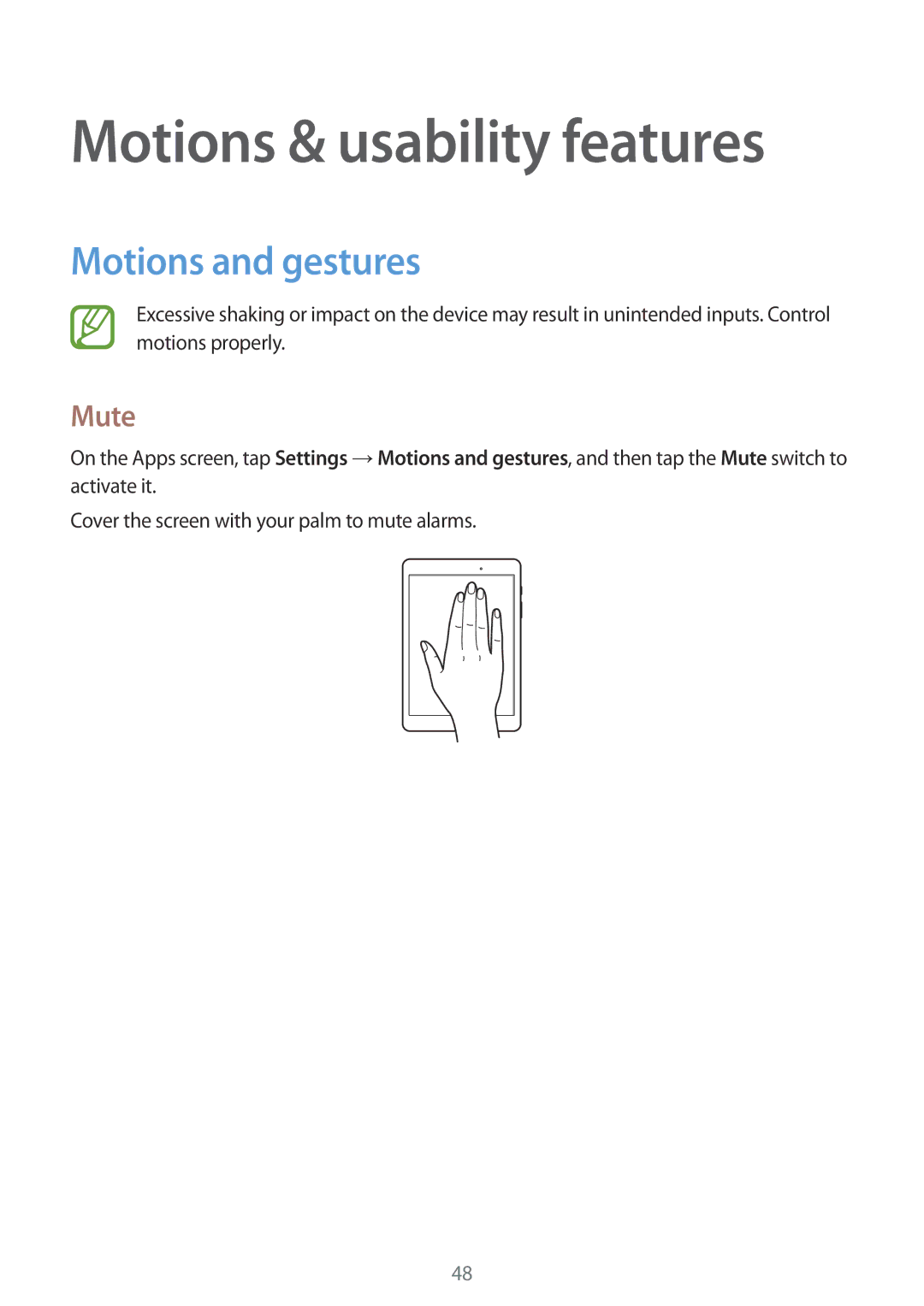 Samsung SM-P550NZKAMID, SM-P550NZKALUX, SM-P550NZWACHN manual Motions & usability features, Motions and gestures, Mute 