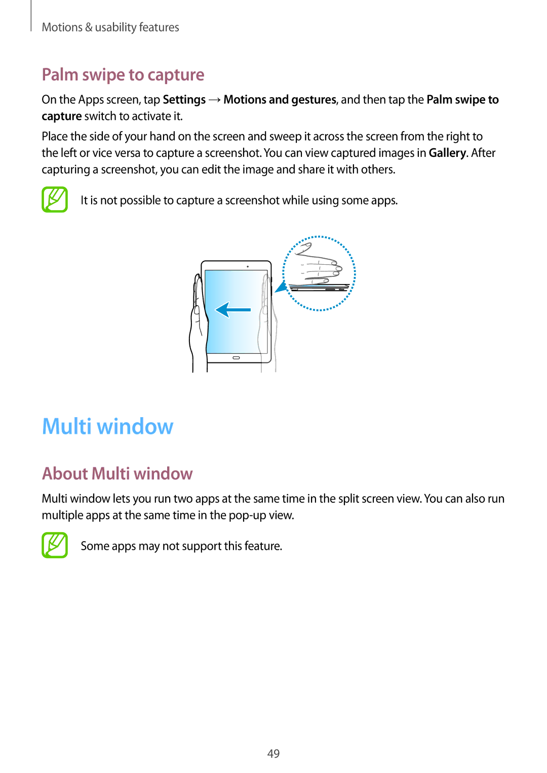 Samsung SM-P550NZKAATO, SM-P550NZKALUX, SM-P550NZWACHN, SM-P550NZWAXNZ manual Palm swipe to capture, About Multi window 