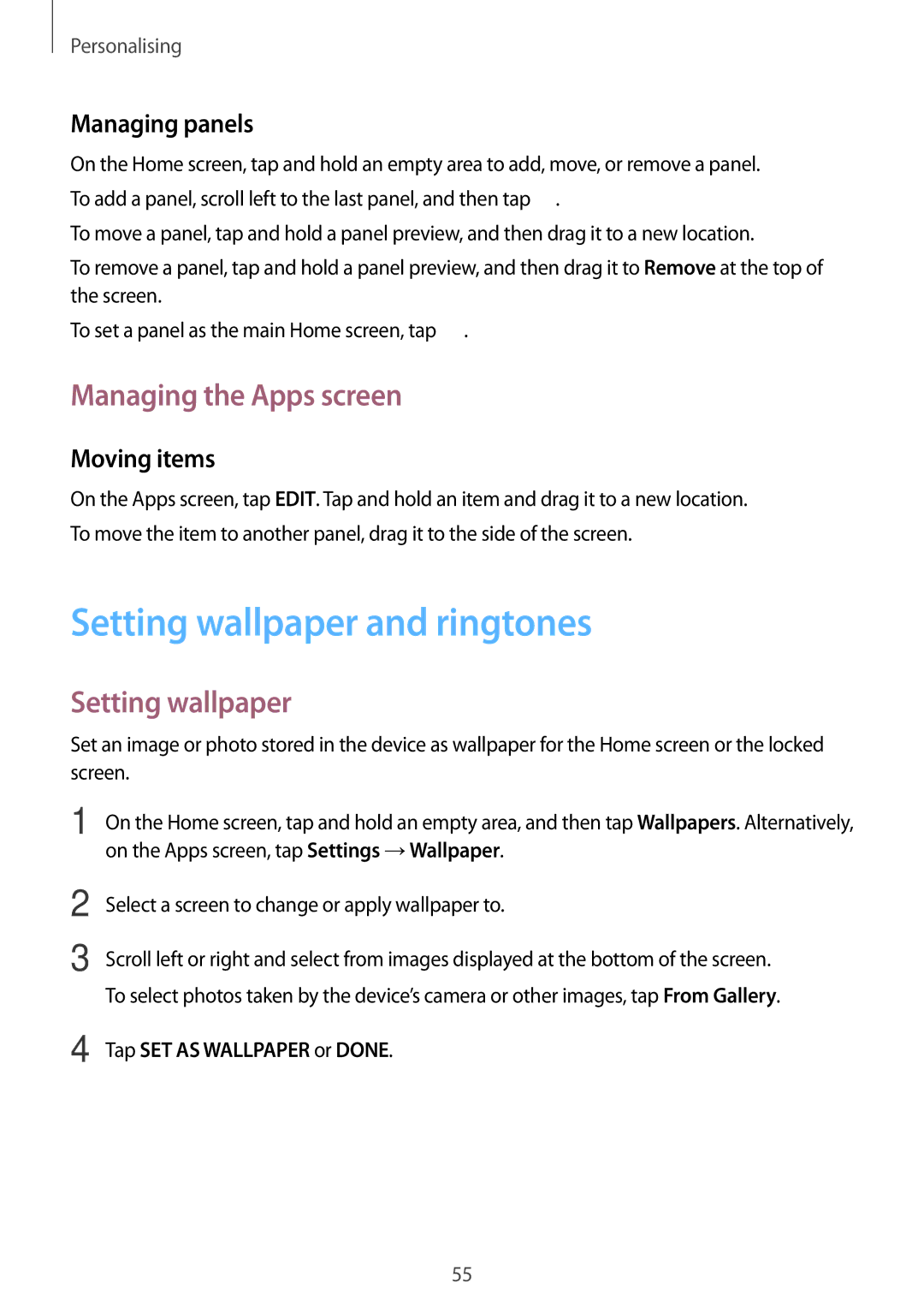 Samsung SM-P550NZAATGY manual Setting wallpaper and ringtones, Managing the Apps screen, Managing panels, Moving items 