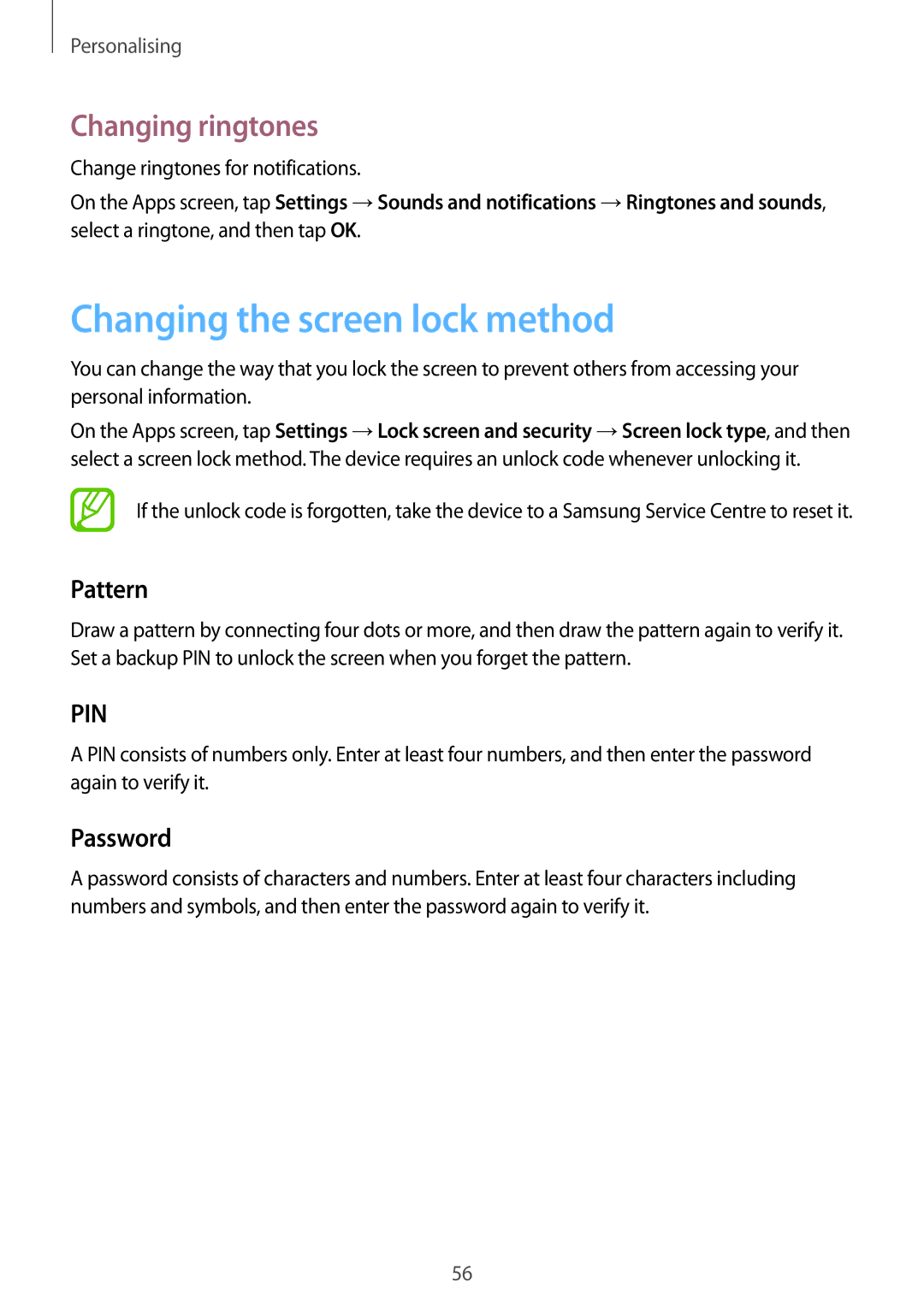 Samsung SM-P550NZAABRI, SM-P550NZKALUX manual Changing the screen lock method, Changing ringtones, Pattern, Password 