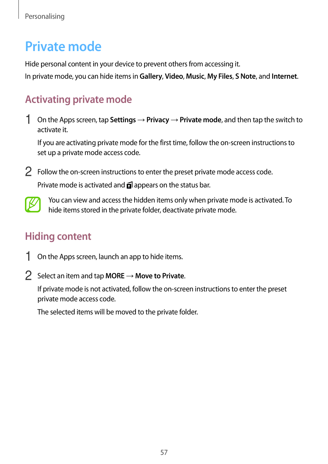 Samsung SM-P550NZKASEE, SM-P550NZKALUX, SM-P550NZWACHN, SM-P550NZWAXNZ Private mode, Activating private mode, Hiding content 