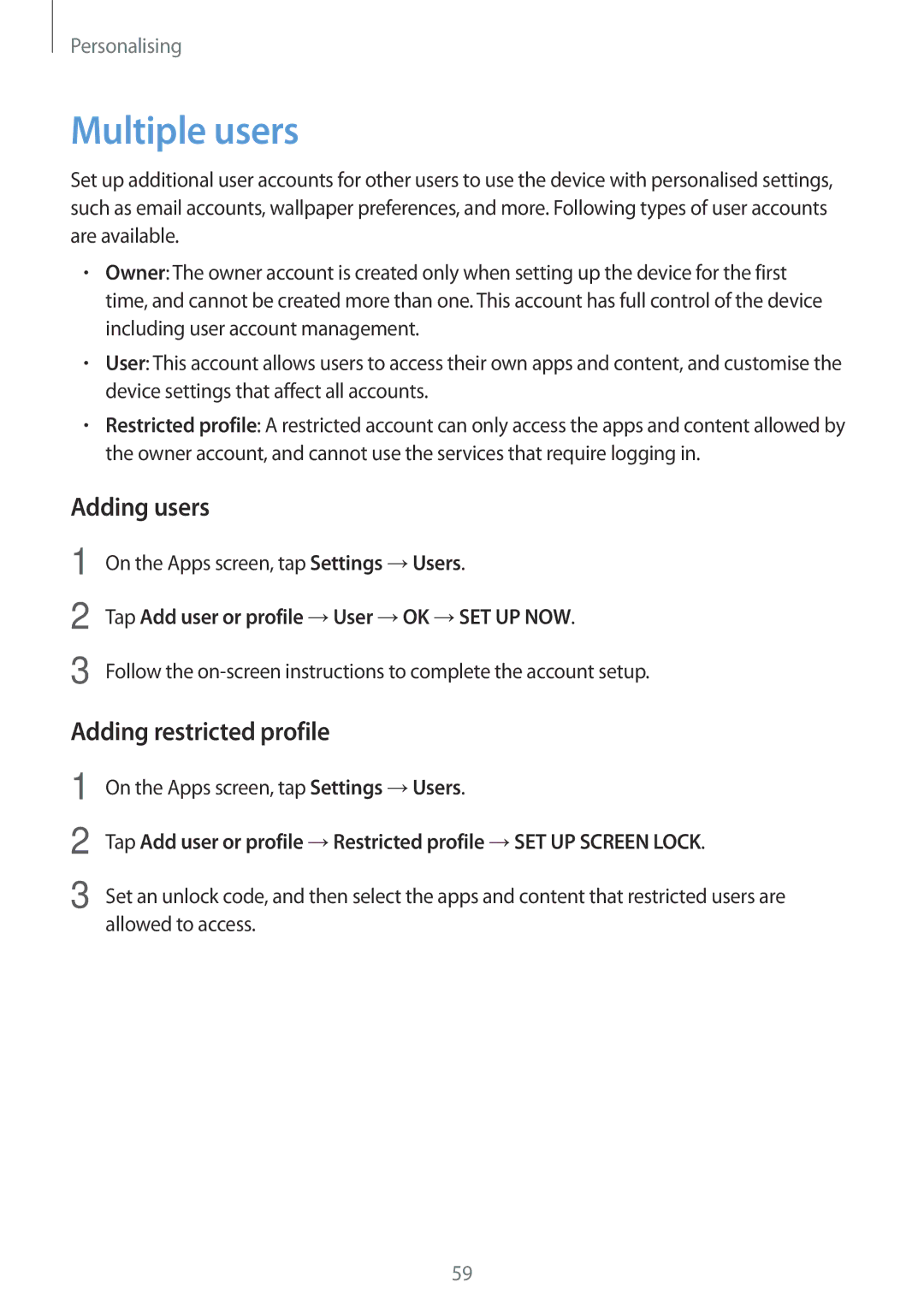 Samsung SM-P550NZWANEE, SM-P550NZKALUX, SM-P550NZWACHN manual Multiple users, Adding users, Adding restricted profile 