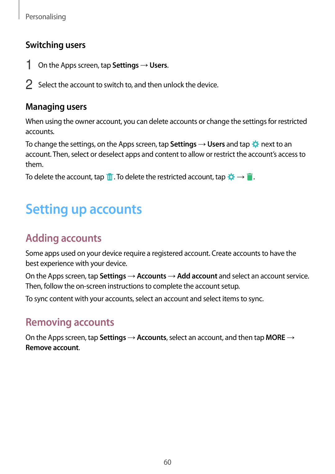 Samsung SM-P550NZKAITV manual Setting up accounts, Adding accounts, Removing accounts, Switching users, Managing users 