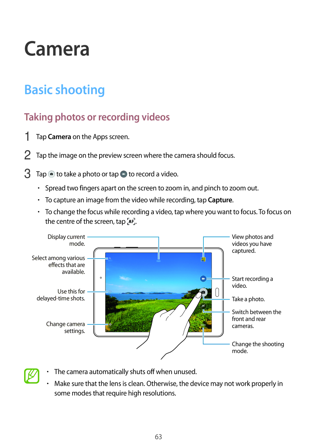 Samsung SM-P550NZAAXSA, SM-P550NZKALUX, SM-P550NZWACHN manual Camera, Basic shooting, Taking photos or recording videos 
