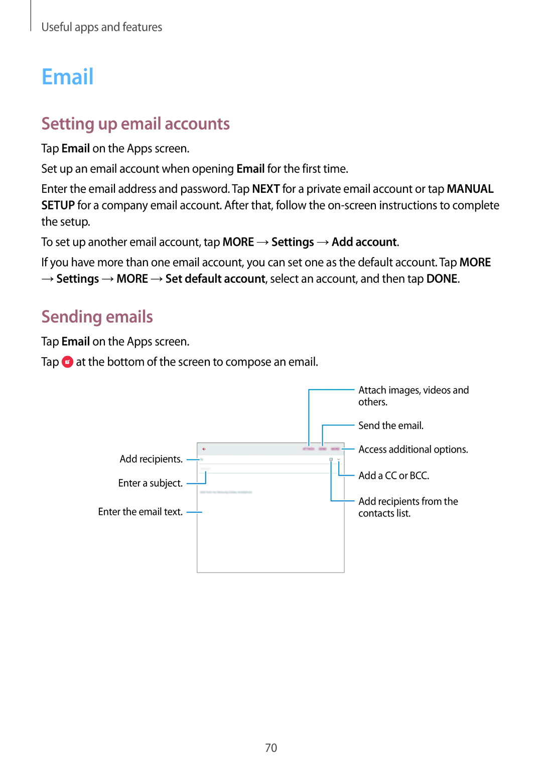 Samsung SM-P550NZWAATO, SM-P550NZKALUX, SM-P550NZWACHN, SM-P550NZWAXNZ manual Setting up email accounts, Sending emails 