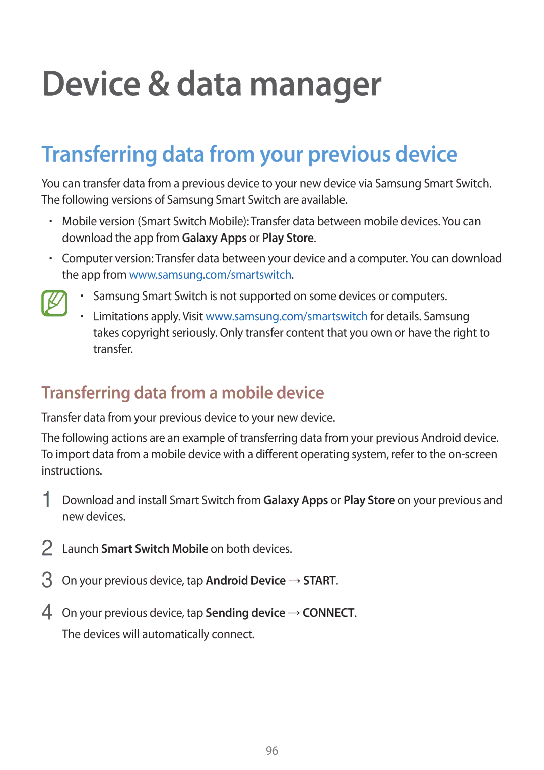 Samsung SM-P550NZKABTU, SM-P550NZKALUX, SM-P550NZWACHN Device & data manager, Transferring data from your previous device 