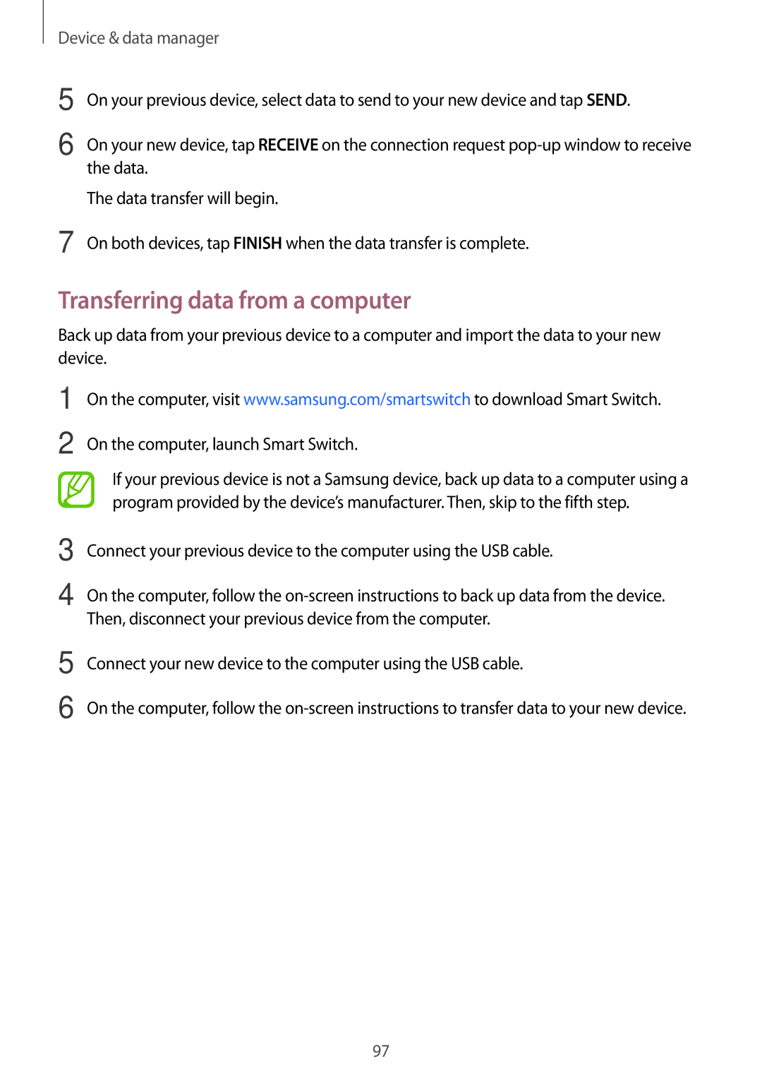 Samsung SM-P550NZAAXSP, SM-P550NZKALUX, SM-P550NZWACHN manual Transferring data from a computer, Device & data manager 