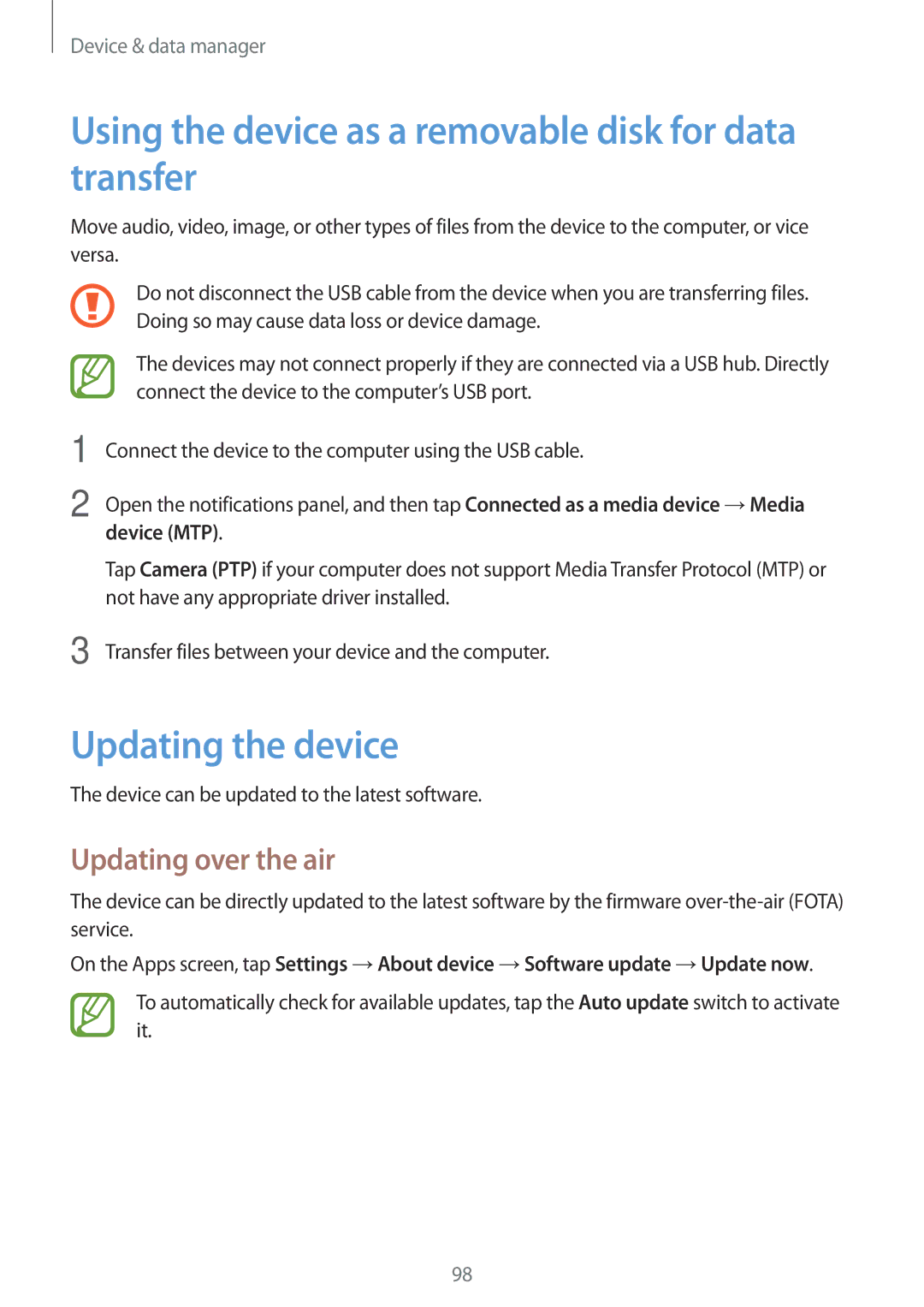 Samsung SM-P550NZAATGY Using the device as a removable disk for data transfer, Updating the device, Updating over the air 