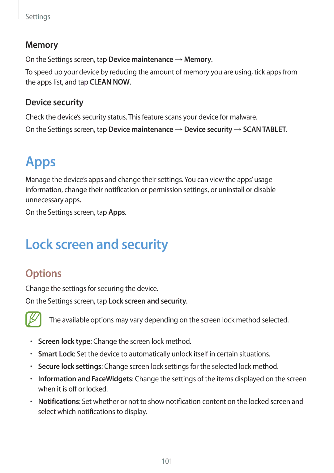 Samsung SM-P550NZAABRI, SM-P550NZKALUX, SM-P550NZWACHN manual Apps, Lock screen and security, Memory, Device security 