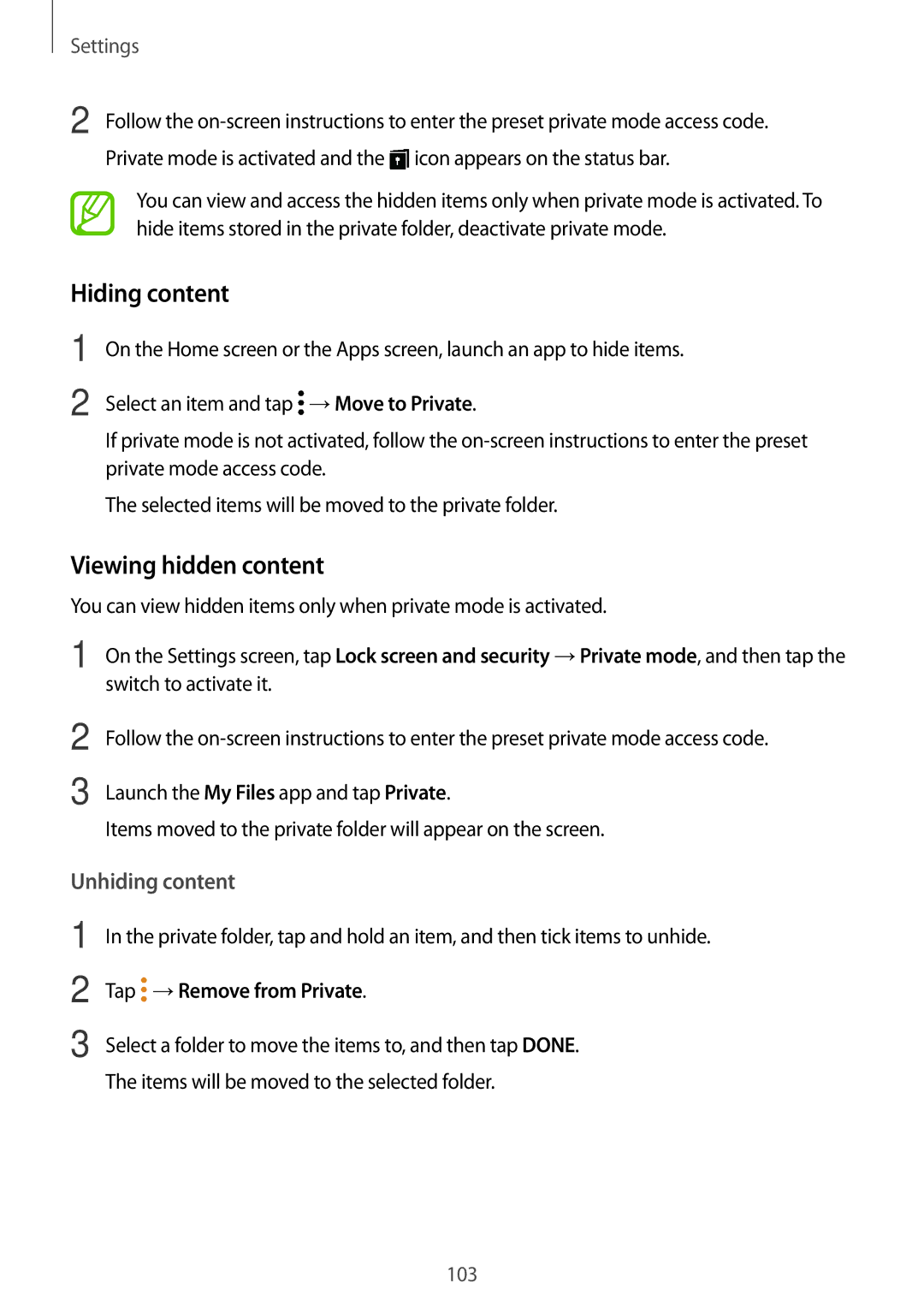 Samsung SM-P550NZAEKOO, SM-P550NZKALUX, SM-P550NZWACHN Hiding content, Viewing hidden content, Tap →Remove from Private 