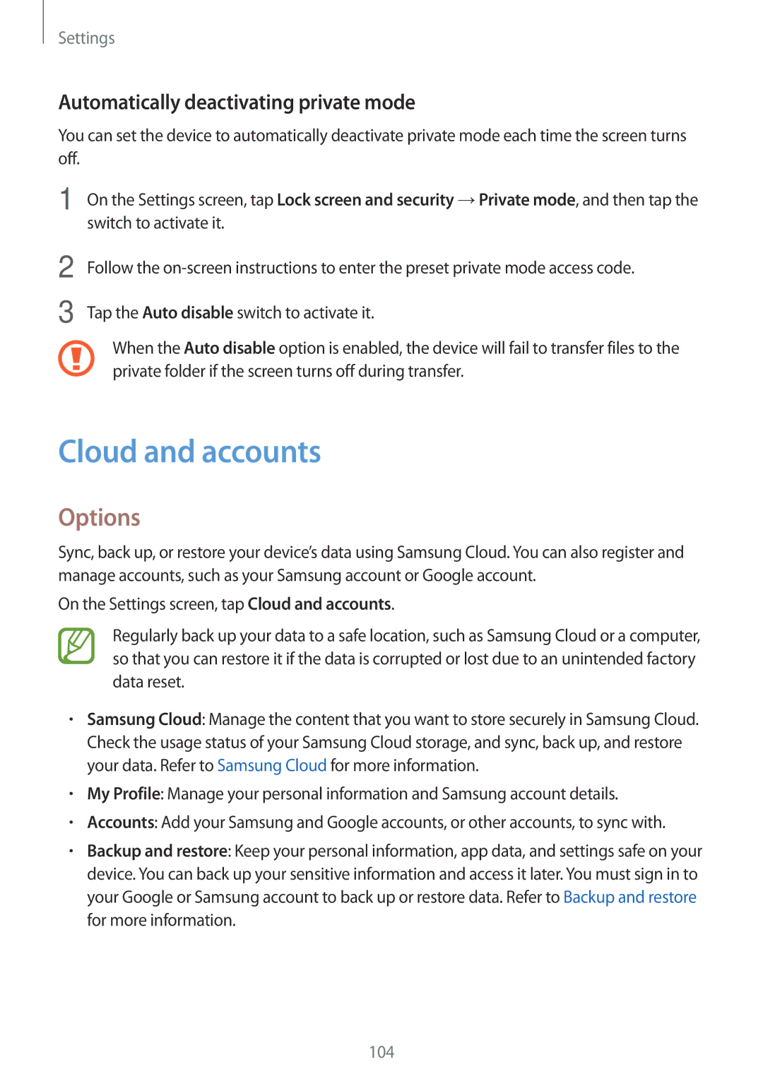 Samsung SM-T550NZWADBT, SM-P550NZKALUX, SM-P550NZWACHN manual Cloud and accounts, Automatically deactivating private mode 