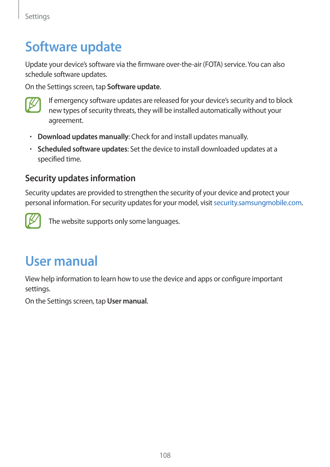 Samsung SM-P550NZKADBT, SM-P550NZKALUX, SM-P550NZWACHN, SM-P550NZWAXNZ manual Software update, Security updates information 