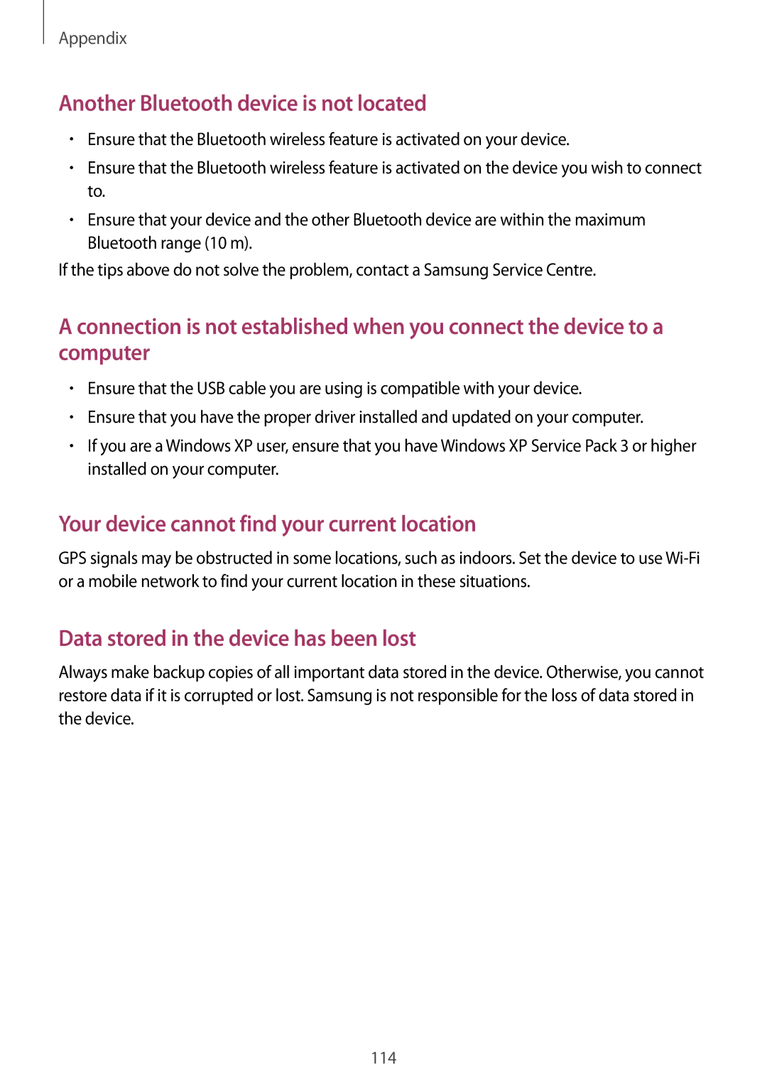 Samsung SM-P550NZAAXFA, SM-P550NZKALUX, SM-P550NZWACHN, SM-P550NZWAXNZ manual Another Bluetooth device is not located 