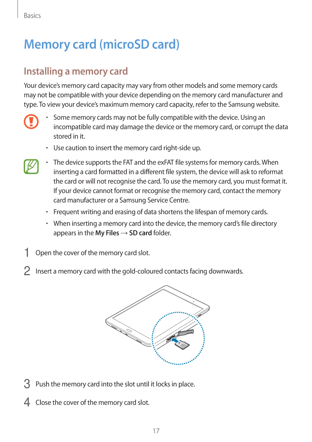 Samsung SM-T550NZKADBT, SM-P550NZKALUX, SM-P550NZWACHN, SM-P550NZWAXNZ Memory card microSD card, Installing a memory card 