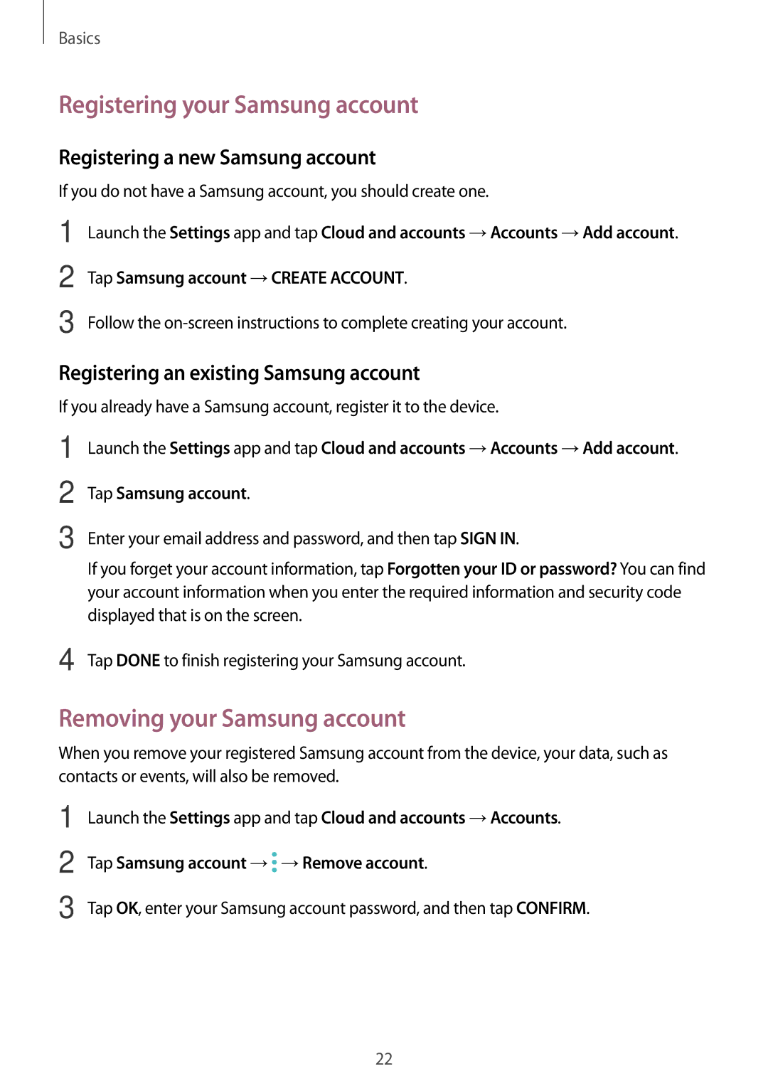 Samsung SM-P550NZAAXSA Registering your Samsung account, Removing your Samsung account, Registering a new Samsung account 