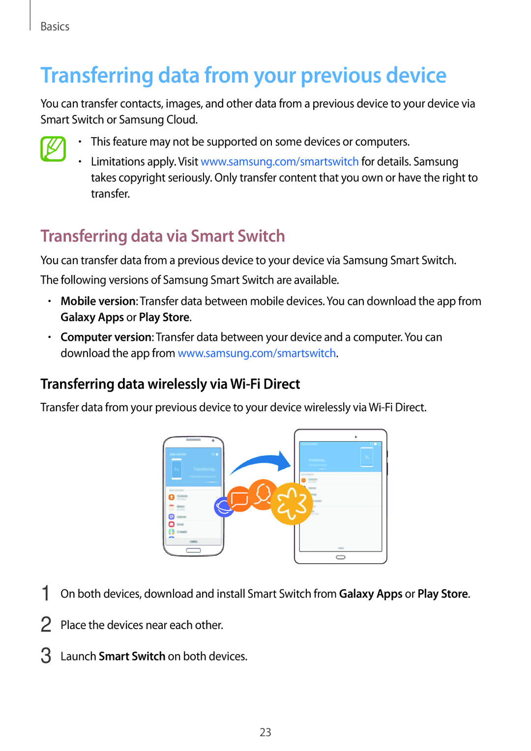 Samsung SM-P550NZAAXFE, SM-P550NZKALUX Transferring data from your previous device, Transferring data via Smart Switch 