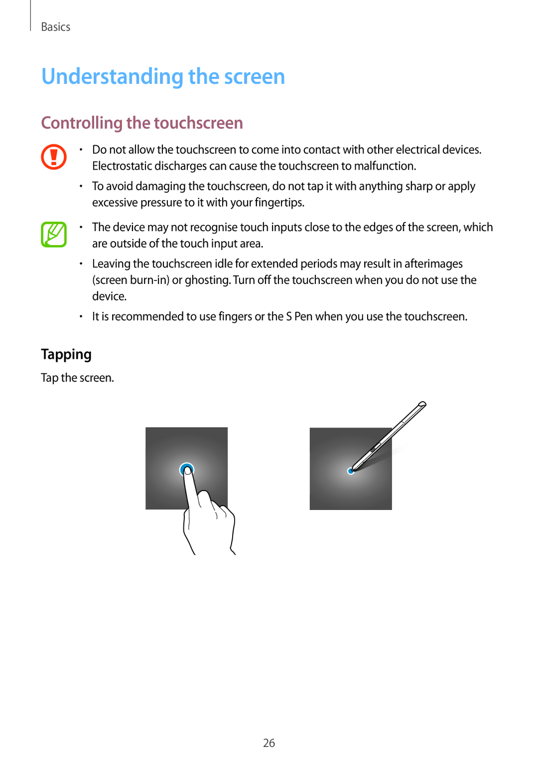 Samsung SM-P550NZAAXFA, SM-P550NZKALUX, SM-P550NZWACHN manual Understanding the screen, Controlling the touchscreen, Tapping 